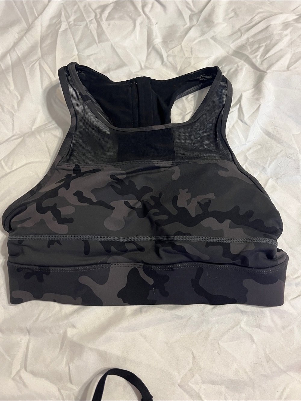 High-Neck Black Camo Sports Bra with Racerback